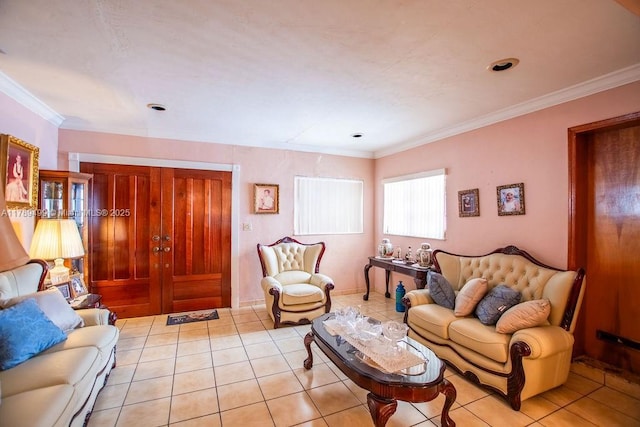 living room with crown molding and light tile patterned floors