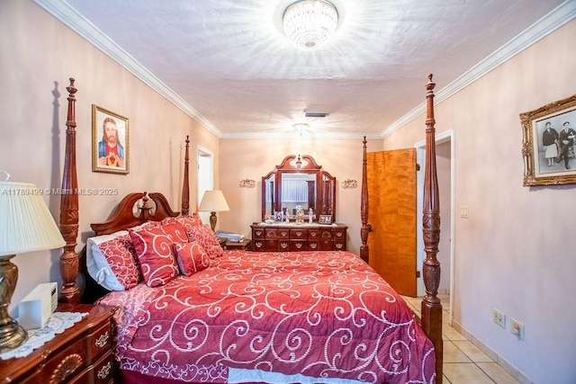 tiled bedroom with visible vents, baseboards, and ornamental molding