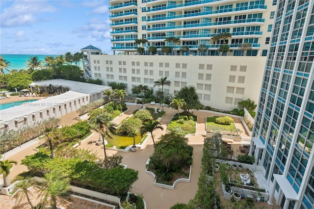 exterior space with a water view
