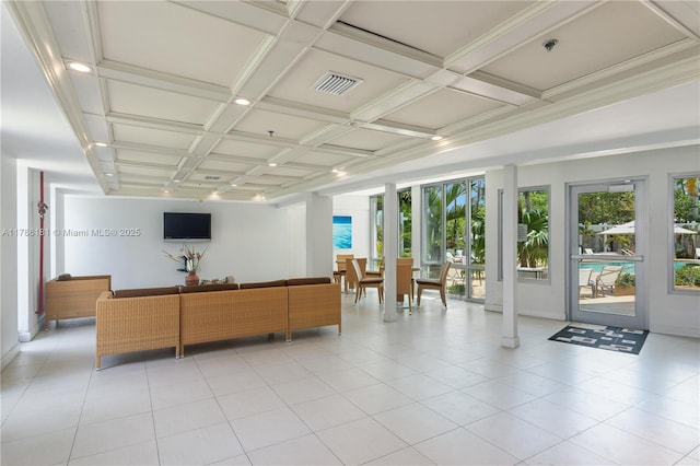 5055 Collins Ave Unit 5F, Miami Beach, FL 33140 - building lobby featuring coffered ceiling and beamed ceiling