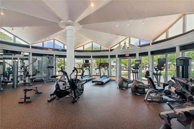 workout area with lofted ceiling, track lighting, and a textured ceiling