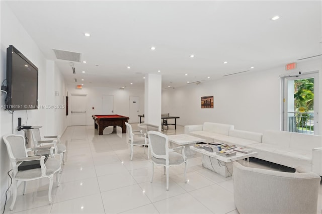 living room featuring light tile patterned flooring, visible vents, billiards, and recessed lighting