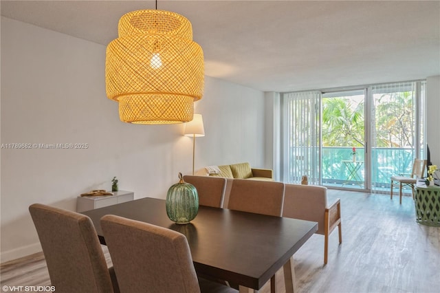 dining room with expansive windows, light wood finished floors, and baseboards