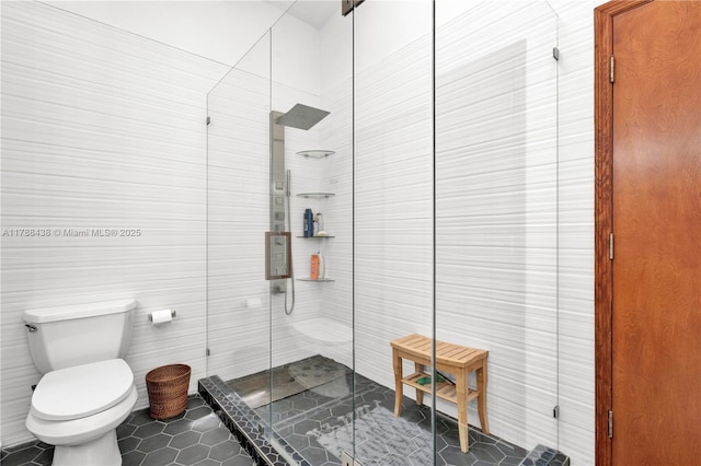 3730 Kumquat Ave, Miami, FL 33133 - bathroom featuring tile walls, toilet, tile patterned flooring, and a stall shower