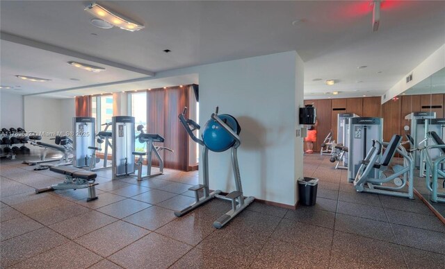 335 S Biscayne Blvd Unit 1904, Miami, FL 33131 - workout area with baseboards and wood walls
