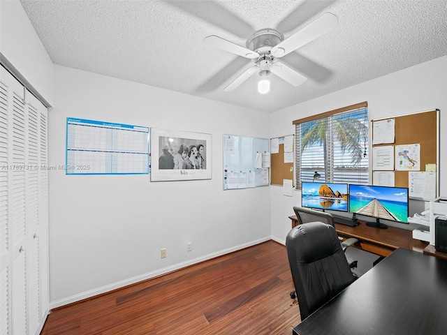 1206 Falls Blvd, Weston, FL 33327 - home office with wood finished floors, a ceiling fan, a textured ceiling, and baseboards
