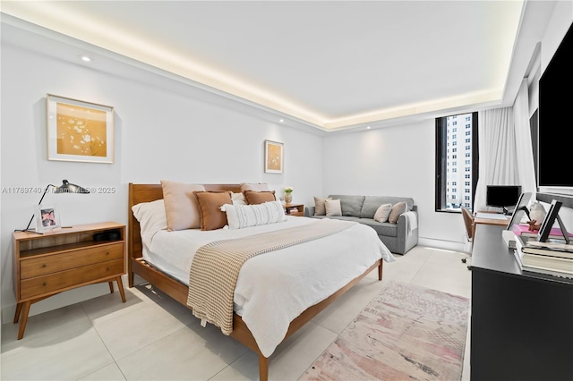 520 Brickell Key Dr Unit A713, Miami, FL 33131 - bedroom with light tile patterned floors, recessed lighting, and a raised ceiling