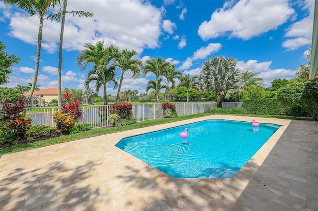 view of pool featuring a fenced backyard, a patio, and a fenced in pool