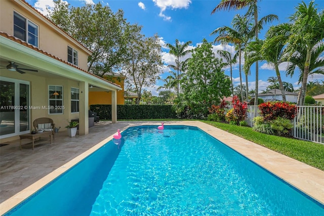 1092 Lavender Cir, Weston, FL 33327 - view of pool featuring a fenced backyard, a patio area, a fenced in pool, and a ceiling fan