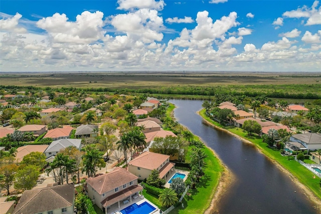 birds eye view of property featuring a residential view and a water view