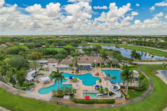 aerial view featuring a water view