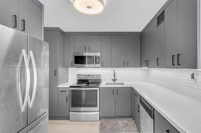 6900 Bay Dr Unit 11F, Miami Beach, FL 33141 - kitchen with light wood-type flooring, gray cabinets, a sink, appliances with stainless steel finishes, and backsplash