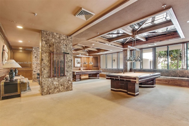 520 Brickell Key Dr Unit A201, Miami, FL 33131 - recreation room with coffered ceiling, billiards, visible vents, and carpet