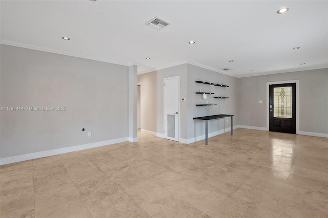unfurnished living room featuring visible vents, ornamental molding, and recessed lighting
