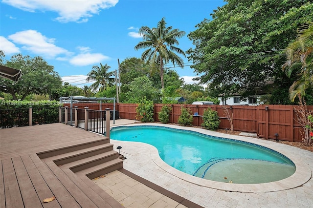 view of pool featuring a wooden deck, a fenced backyard, and a fenced in pool