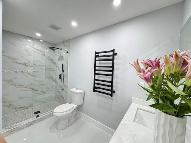bathroom with recessed lighting, radiator, toilet, visible vents, and a marble finish shower