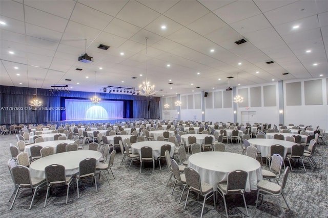 carpeted dining space featuring recessed lighting and visible vents