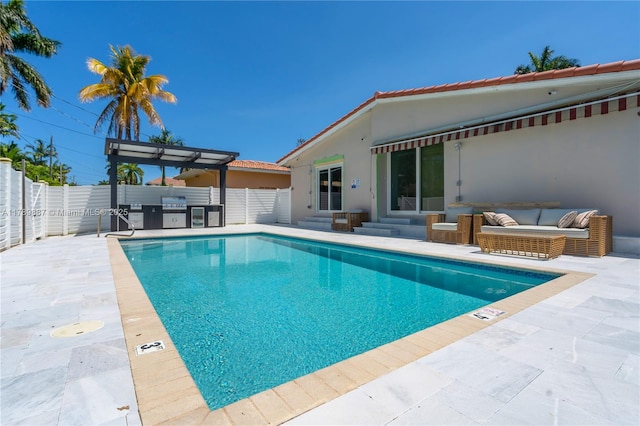 view of pool featuring a fenced in pool, a fenced backyard, a patio, and entry steps