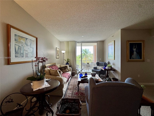living room with a textured ceiling