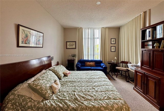 bedroom with carpet flooring and a textured ceiling