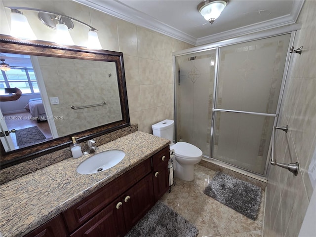 5825 Collins Ave Unit 2D, Miami Beach, FL 33140 - full bath featuring toilet, vanity, a shower stall, and crown molding