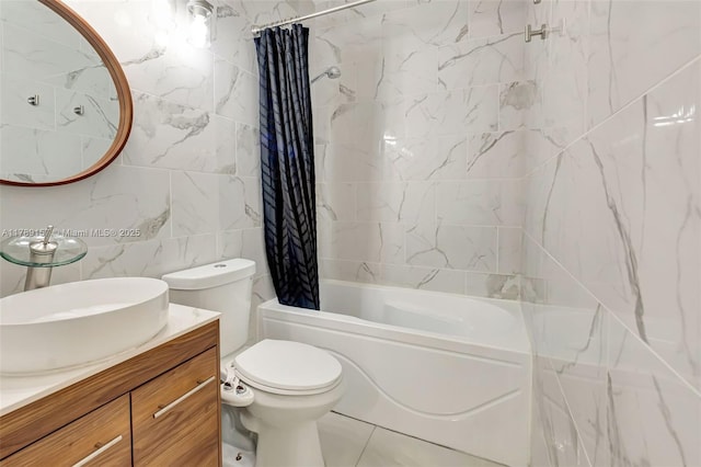 bathroom featuring tile walls, shower / bath combination with curtain, toilet, and vanity