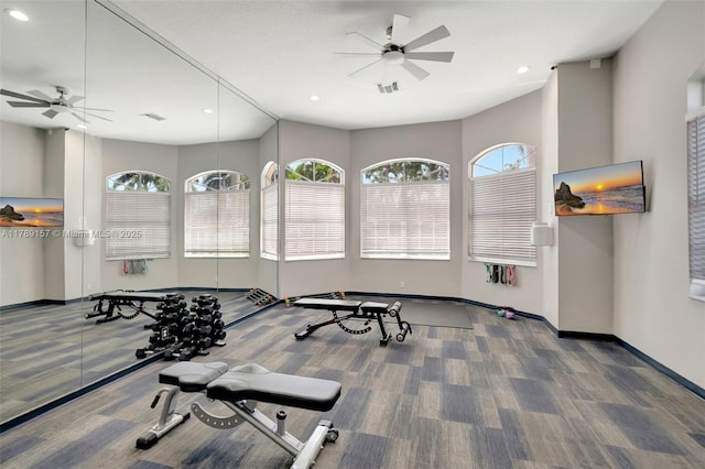 workout room featuring baseboards, recessed lighting, and ceiling fan