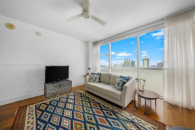 665 NE 25th St Unit 1201, Miami, FL 33137 - living room with baseboards, wood finished floors, and ceiling fan