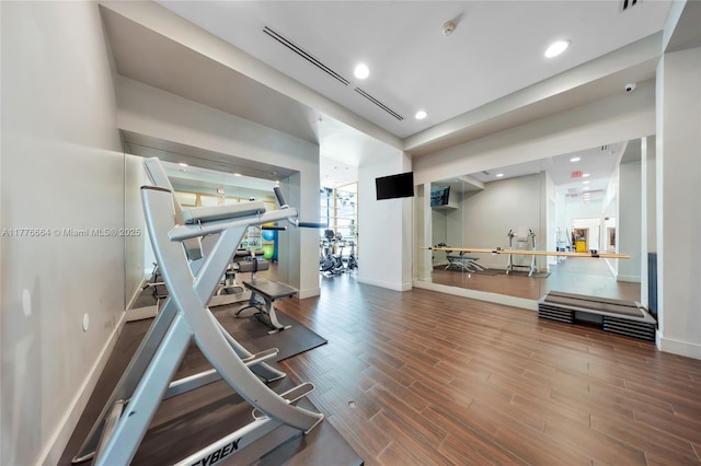 665 NE 25th St Unit 1201, Miami, FL 33137 - gym with visible vents, baseboards, wood finished floors, and recessed lighting
