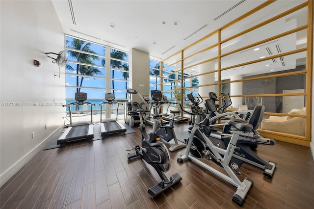 665 NE 25th St Unit 1201, Miami, FL 33137 - gym featuring baseboards, expansive windows, and wood finished floors