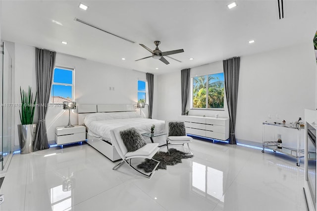 bedroom with recessed lighting, a ceiling fan, and tile patterned flooring