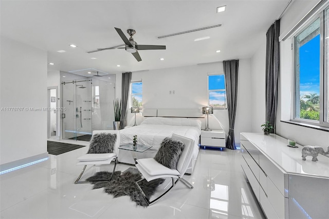 bedroom with recessed lighting, a ceiling fan, and light tile patterned floors