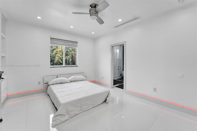 bedroom with recessed lighting, baseboards, visible vents, and tile patterned flooring