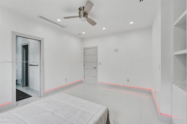 bedroom with ceiling fan, visible vents, tile patterned floors, baseboards, and recessed lighting