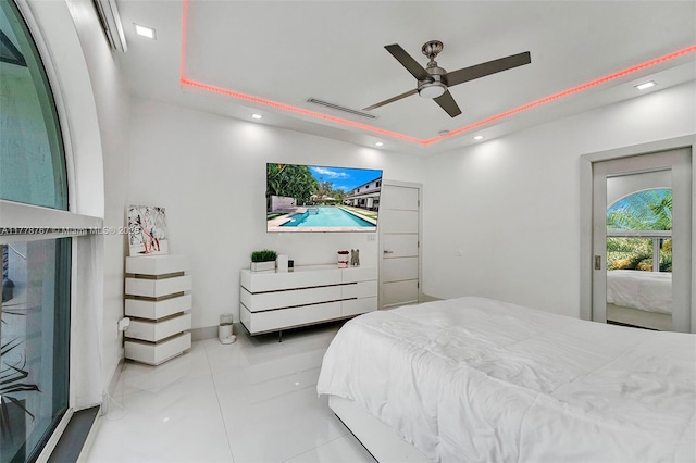 bedroom featuring tile patterned flooring, a ceiling fan, recessed lighting, and visible vents