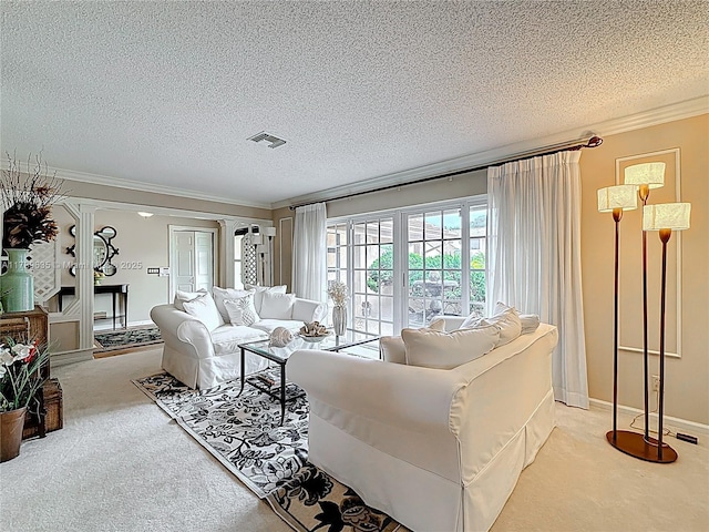 547 Deer Creek Run, Deerfield Beach, FL 33442 - carpeted living room featuring crown molding, a textured ceiling, and visible vents