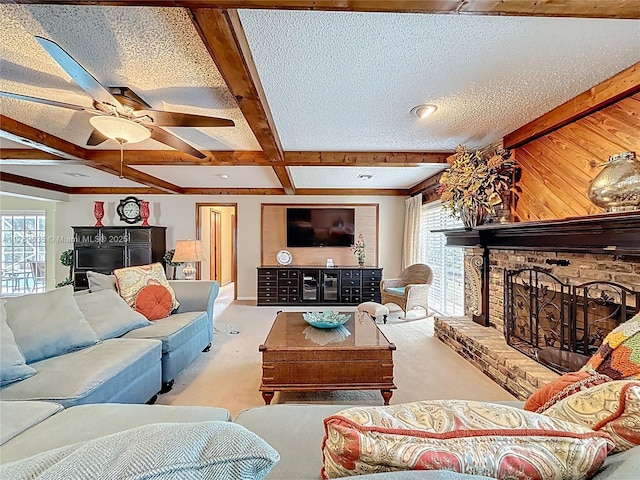 547 Deer Creek Run, Deerfield Beach, FL 33442 - living area with beam ceiling, carpet, a ceiling fan, and a healthy amount of sunlight