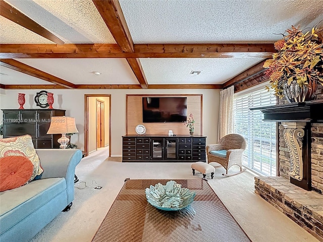 547 Deer Creek Run, Deerfield Beach, FL 33442 - carpeted living room with baseboards, visible vents, beam ceiling, and a textured ceiling