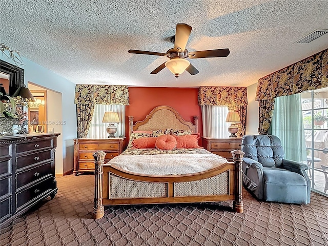 547 Deer Creek Run, Deerfield Beach, FL 33442 - carpeted bedroom with a ceiling fan, visible vents, and a textured ceiling