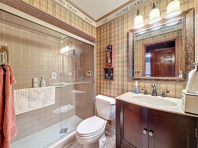 547 Deer Creek Run, Deerfield Beach, FL 33442 - bathroom with wallpapered walls, a shower stall, toilet, and vanity