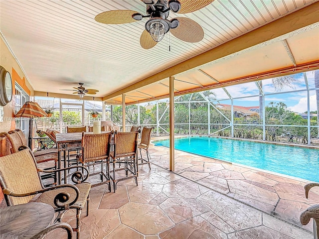 547 Deer Creek Run, Deerfield Beach, FL 33442 - pool featuring glass enclosure, a ceiling fan, and a patio