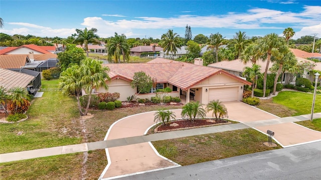 547 Deer Creek Run, Deerfield Beach, FL 33442 - mediterranean / spanish home featuring a residential view, a tile roof, a chimney, concrete driveway, and a garage