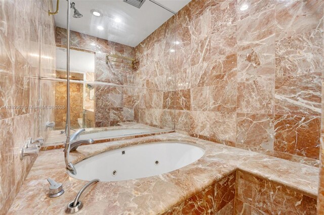 151 Crandon Blvd Unit 138, Key Biscayne, FL 33149 - bathroom featuring tile walls, walk in shower, a tub with jets, and visible vents