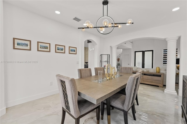 dining space featuring recessed lighting, arched walkways, visible vents, and ornate columns