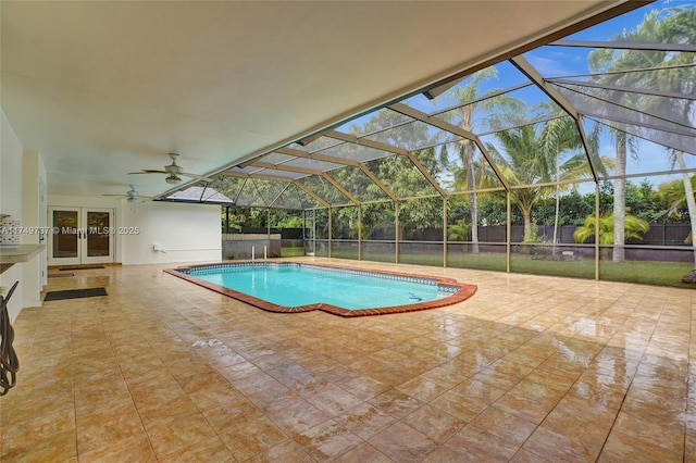 15440 SW 81st Ave, Palmetto Bay, FL 33157 - view of swimming pool featuring french doors, a patio, a fenced backyard, and a ceiling fan