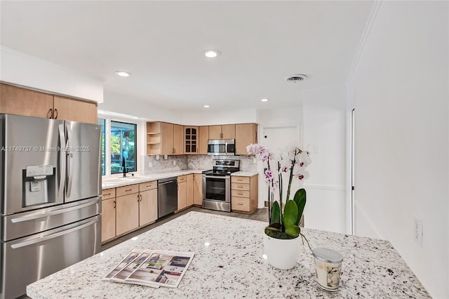 15440 SW 81st Ave, Palmetto Bay, FL 33157 - kitchen featuring stainless steel appliances, light brown cabinets, backsplash, a sink, and recessed lighting