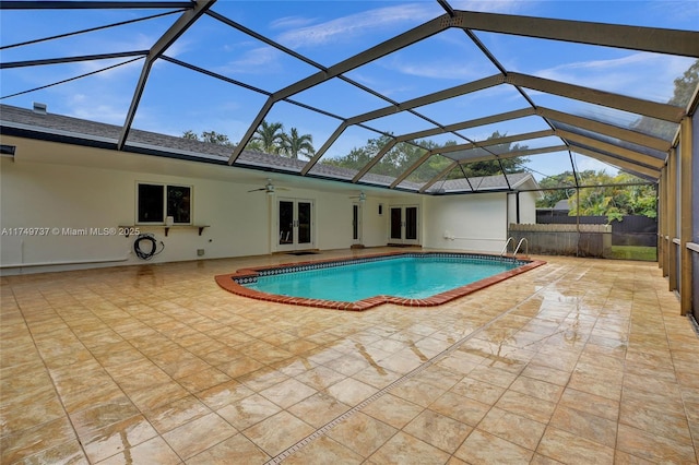 15440 SW 81st Ave, Palmetto Bay, FL 33157 - swimming pool featuring a ceiling fan, french doors, a patio, and glass enclosure
