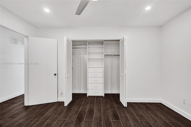 15440 SW 81st Ave, Palmetto Bay, FL 33157 - unfurnished bedroom with a closet, wood finished floors, a ceiling fan, baseboards, and recessed lighting