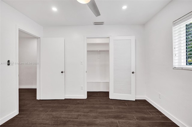 15440 SW 81st Ave, Palmetto Bay, FL 33157 - unfurnished bedroom with dark wood finished floors, a closet, baseboards, recessed lighting, and a ceiling fan
