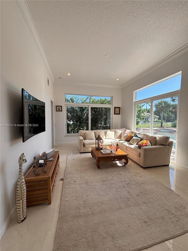 320 Windmill Palm Ave, Plantation, FL 33324 - living area with crown molding, a textured ceiling, recessed lighting, and light tile patterned floors